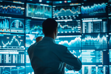 a business financial male expert analyzing stock market trends surrounded by digital screens displaying statistics and graphs 