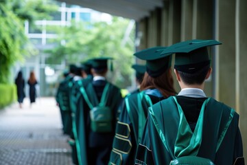 A momentous occasion is captured from behind as four graduates, clad in traditional green graduation robes and mortarboards, stand side by side, looking towards a future filled with promise. Ai genera - obrazy, fototapety, plakaty