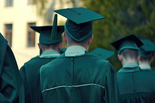 A momentous occasion is captured from behind as four graduates, clad in traditional green graduation robes and mortarboards, stand side by side, looking towards a future filled with promise. Ai genera