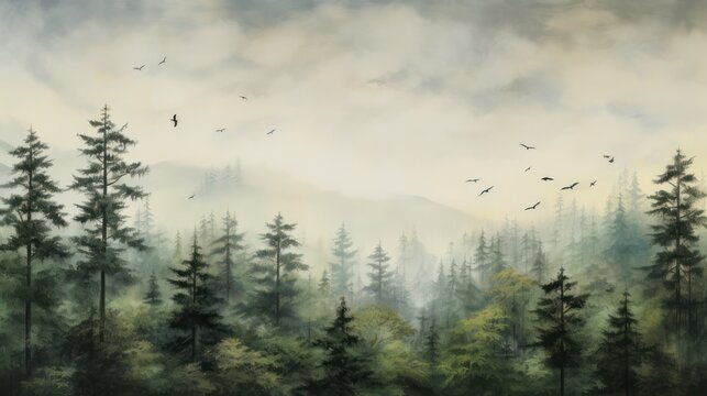 Pine forest in a foggy morning. Natural coolness with cloudy skies. Green spruce trees background wallpaper.