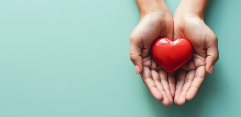 Fototapeta premium Help concept, hands holding red bright heart, isolated on pale blue background. Hands cradling a glossy red heart on a teal background. Copy space for text