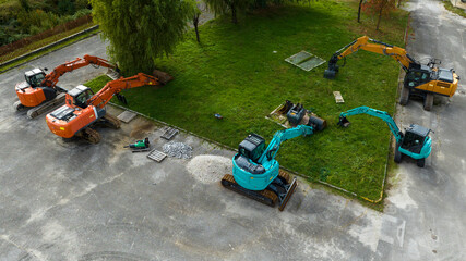 Aerial view of bulldozer. They are large industrial excavators, used in construction.
