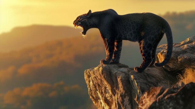 Big panther roaring on the cliff.