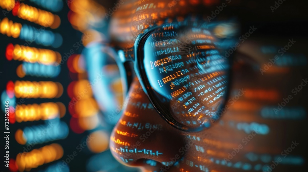 Leinwandbilder Man spectacles, Extreme close up, Focused developer coder looking at programming code data cyber security digital tech reflecting in spectacles developing software program. Generative AI.