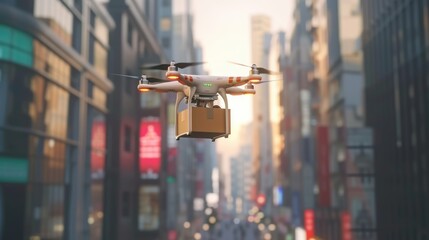 Robot delivering box. Flying drone hold package. Air copter with cardboard parcel. City street background. Aerial post transportation. Multicopter propeller fly above urban road. Modern technology.