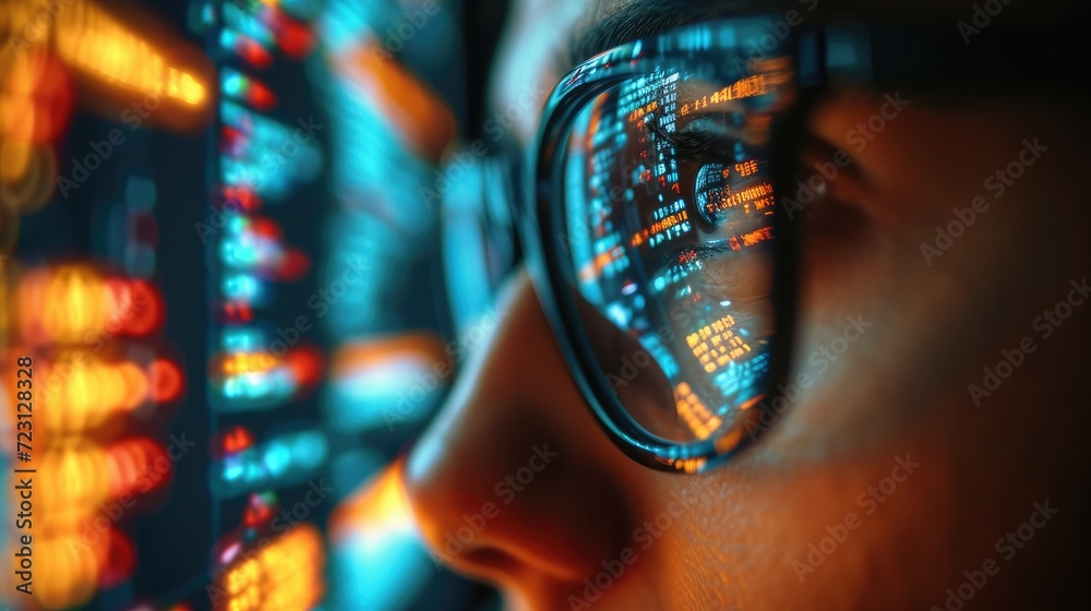 Aufkleber Man spectacles, Extreme close up, Focused developer coder looking at programming code data cyber security digital tech reflecting in spectacles developing software program. Generative AI.