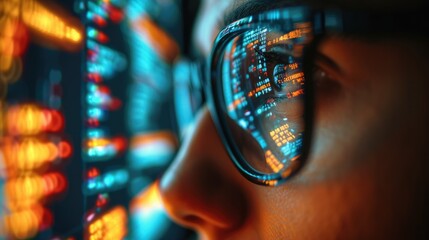Man spectacles, Extreme close up, Focused developer coder looking at programming code data cyber security digital tech reflecting in spectacles developing software program. Generative AI.