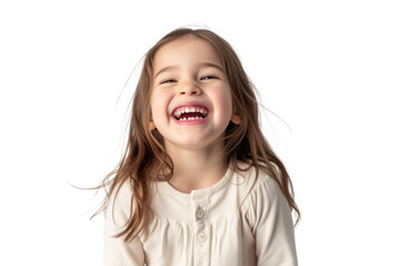 Studio portrait of a cute happy little girl with a beautiful smile isolated on transparent png background.	