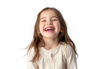 Studio portrait of a cute happy little girl with a beautiful smile isolated on transparent png background.	