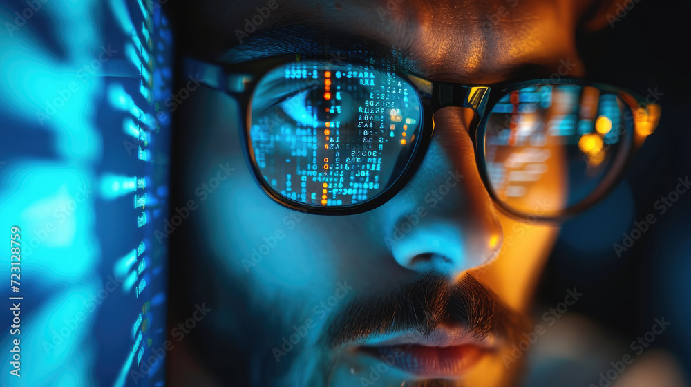 Leinwandbilder Man spectacles, Extreme close up, Focused developer coder looking at programming code data cyber security digital tech reflecting in spectacles developing software program. Generative AI.