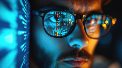 Man spectacles, Extreme close up, Focused developer coder looking at programming code data cyber security digital tech reflecting in spectacles developing software program. Generative AI.