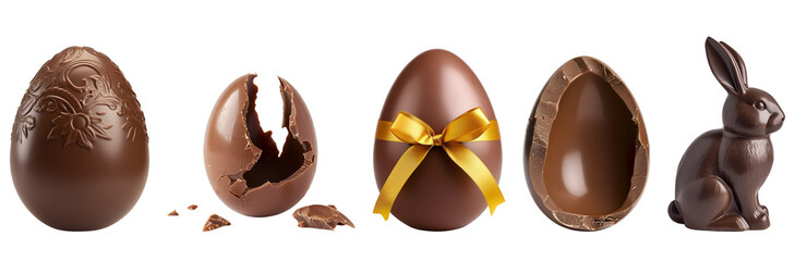 Bunny and Eggs: Set of Chocolate for a Happy Easter, Isolated on Transparent Background, PNG - obrazy, fototapety, plakaty