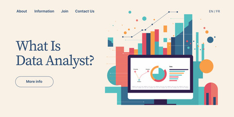 Female data analyst vector illustration in flat design. Analysis or analytics of statistics. Woman working on research or report. Specialist in front of crm platform dashboard