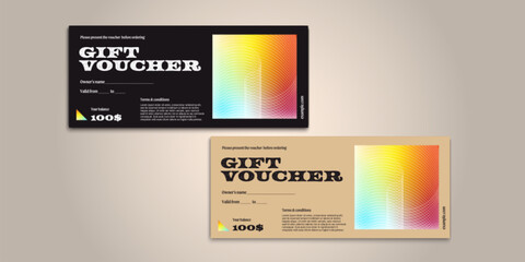 Abstract gift voucher card template. Modern discount coupon or certificate layout with geometric shape pattern. Vector fashion bright background design with information sample text.