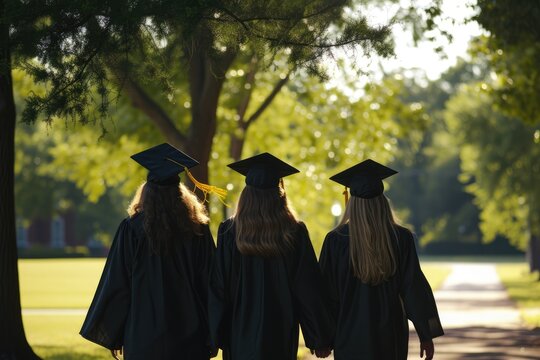 The image captures a moment of accomplishment and joy, featuring two young women in graduation attire. They are walking outdoors, bathed in the soft glow of sunlight. Ai generated