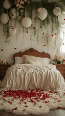 Romantic Bedroom with Balloons and Rose Petals 