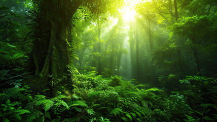 Obraz premium Towering green trees and small plants, sunlight filtering through. Mystical and serene atmosphere.