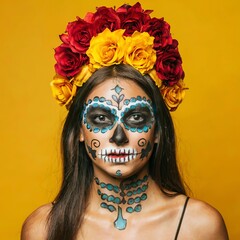 Portrait of a woman with her face made up like the mexican skull katrinas on a yellow background