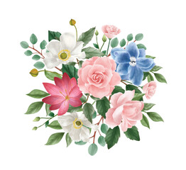 flower arrangement. bouquet of roses, wild flowers, eucaliptus. illustration vector. botanic