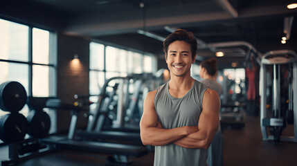 Fototapeta na wymiar Muscular asian man in sportswear, fitness trainer smiling and looking at the camera on the background of the gym. The concept of a healthy lifestyle and sports.