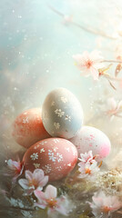 Fototapeta na wymiar Vertical pastel beige Easter eggs nestled in a delicate nest of feathers and flowers capture the essence of spring in a dreamy pastel card with copy space