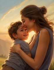 warm embrace of love and serenity as a mother and child share a heartfelt hug during the golden hues of a breathtaking sunset.