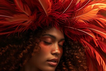Fashion portrait of a beautiful girl surrounded by red feathers