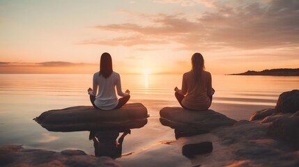 Two female friends practicing meditation on the beach