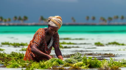 Foto auf Alu-Dibond Women harvest the seaweed for soap, cosmetics and medicin on a sea plantation in traditional dress, island Zanzibar, Tanzania, East Africa © STORYTELLER