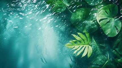 Fototapeta na wymiar top view of water surface with shadow of tropical leaves. abstract banner beautiful background concept