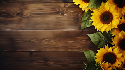 Sunflower frame on a wooden background