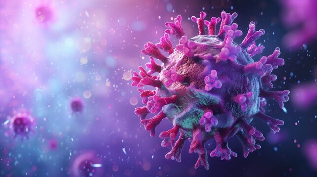 A microscopic image of a human virus attacking a healthy immune system cell with colorful antibodies. Cellular therapy and regeneration. Research of stem cells, immunology and longevity.