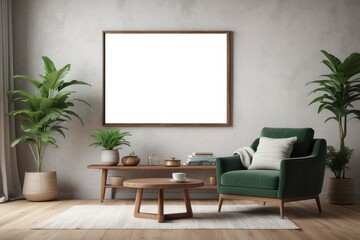 Wooden coffee table in elegant living room interior with vintage armchair, green plant in pot and poster in frame