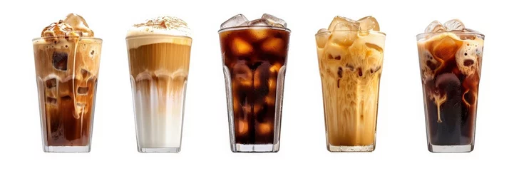 Fotobehang Set of black ice coffee and ice latte coffee with milk in tall glass isolated on white background. © Sasint