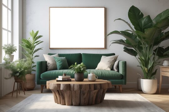 Wooden coffee table in elegant living room interior with vintage armchair, green plant in pot and poster in frame