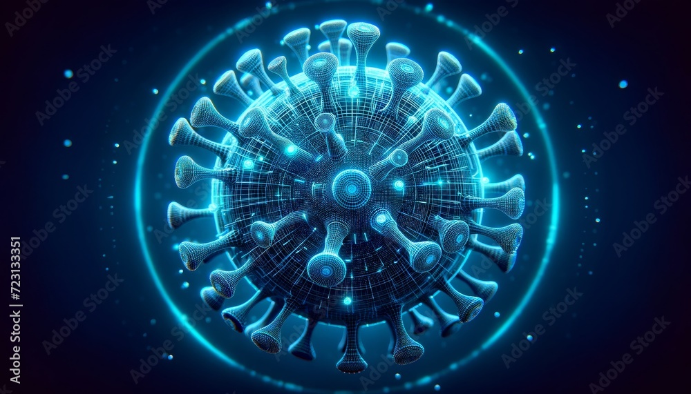 Aufkleber futuristic digital representation of a virus particle in blue neon