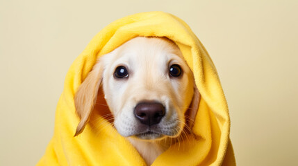 Golden retriever puppy in a yellow towel looks at the camera, central composition, banner. Puppy care