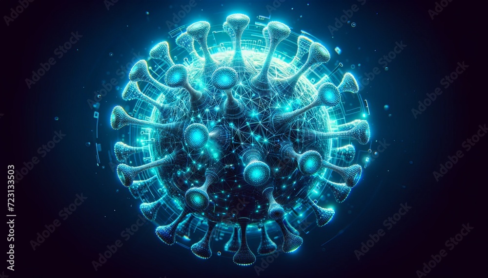 Aufkleber futuristic digital representation of a virus particle in blue neon