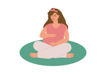 A young pregnant woman sits cross-legged on a mat and smiles. Relaxation, meditation, maternity leave, motherhood, expectant mother meditates. Colored vector illustration