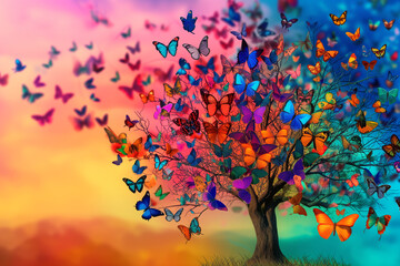 tree with colorful butterflies colorful background. Elegant colorful tree with vibrant leaves hanging branches illustration background. Bright color 3d abstraction wallpaper for interior mural paintin