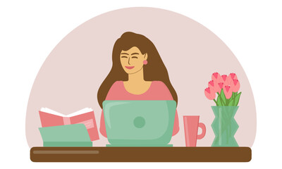 Fototapeta na wymiar Young woman smiling and working on a laptop in the office or at home. A comfortable workplace - a table, a computer, a book, a cup of hot coffee or tea and a vase of flowers. Vector illustration.