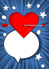 Cartoon Arrow Heart and speech bubble sign, comic book Valentine's Day Symbol. Retro vector comics pop art design.