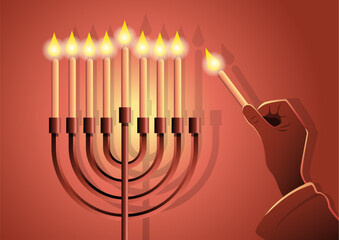 Man lighting up candles in menorah