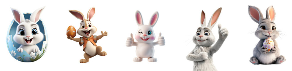 3D Render and Animation of Easter Bunny: Set in Different Styles, Cartoon Rabbit Character, Illustration, Isolated on Transparent Background, PNG
