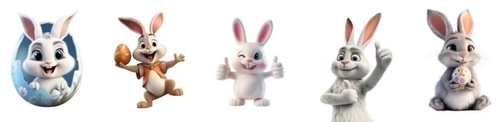 Foto op Aluminium 3D Render and Animation of Easter Bunny: Set in Different Styles, Cartoon Rabbit Character, Illustration, Isolated on Transparent Background, PNG © Giu Studios