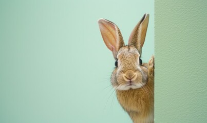 Rabbit peeks out from around the corner of the wall. Cute little brown bunny on mint green background. Banner with brown bunny and copy space for text.