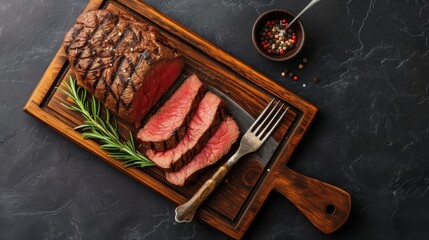 Sliced grilled roast beef with fork for meat on wooden cutting board. Black background. Top view.