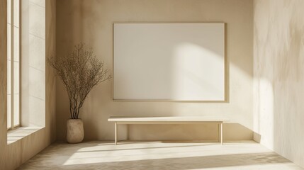 Minimalistic interior beige wall with empty frame, table and sunlight
