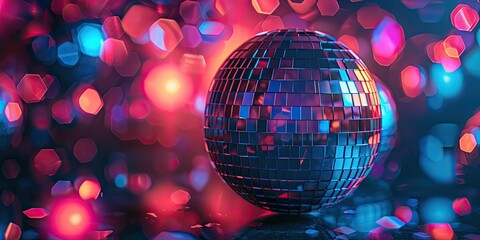 Glowing disco ball with vibrant bokeh on a dark background. Disco party festive background with copy space for text