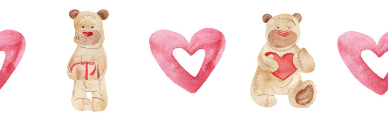 Watercolor central border template of bear and heart on white background. Beautiful decorative elements in shape of hearts isolated on white backround.Valentine day